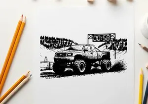Truck racing silhouette with timer on a snowy track