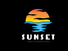Sunset Logo, Beach Design, River And Sun Illustration, Vector Enjoying The Twilight