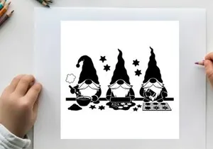 Three gnomes baking with stars and silhouette decorations
