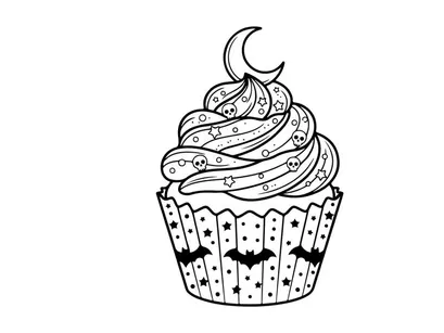 Handgezeichneter Cupcake mit spiralförmiger Zuckerguss-Dekoration und Halbmond-Topper. Verspielte Dessert-Illustration mit dekorativer Glasur und verspieltem Bäckerei-Design.