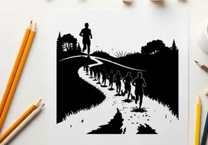 Silhouette of a lone runner leading a group on a path