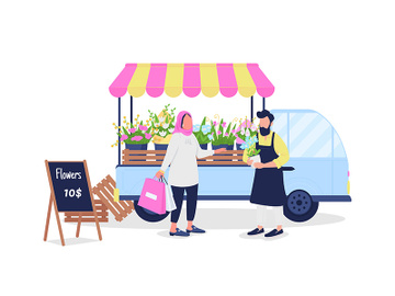 Muslim woman buying flowers from caucasian man flat color vector faceless characters preview picture
