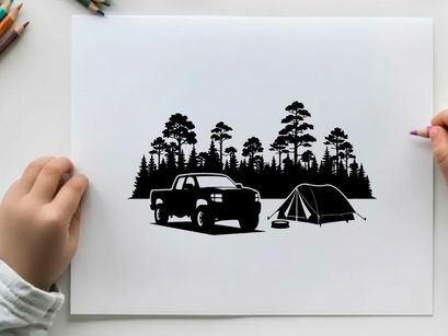 Camping silhouette of a truck and tent in a forest