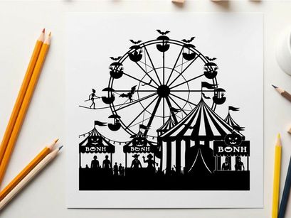 Silhouette of a classic carnival with a ferris wheel and striped tent