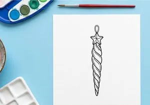 Christmas icicle ornament with star topper, black and white line art vector illustration.