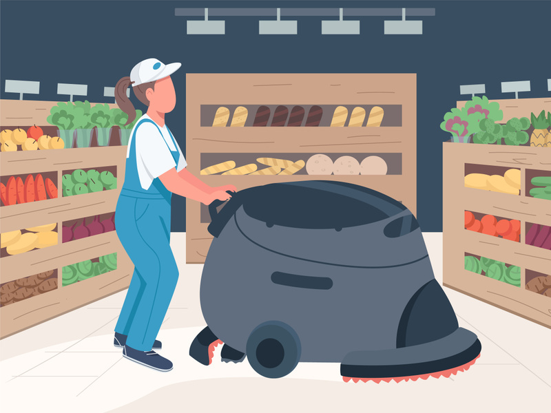 Cleaner in grocery store flat color vector illustration