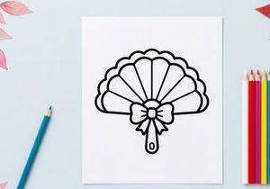 Ícone de leque com laço decorativo. Ilustração minimalista em preto e branco com traços lineares.