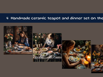 Handmade ceramic teapot and dinner set on the table preview picture