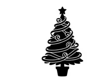 Black silhouette of a decorated Christmas tree with a star topper on white background