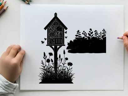 Silhouette of a birdhouse with flowers and trees in the background silhouette