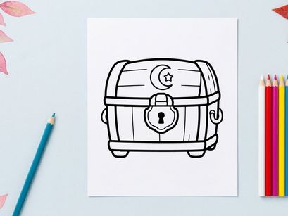 Vintage treasure chest with moon and lock illustration. Classic Halloween pirate loot box vector design for spooky themes.