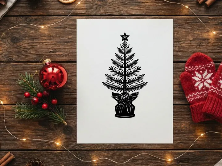 Black and white hand drawn Christmas tree illustration with star topper on white background