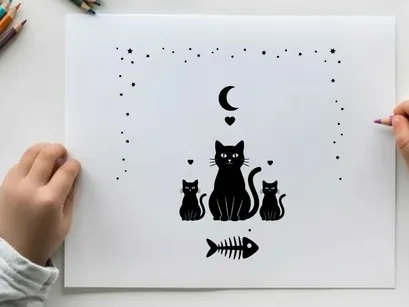 Silhouette of three cats under a crescent moon silhouette