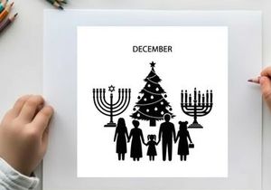 December holiday celebration silhouette of family by christmas tree and menorahs