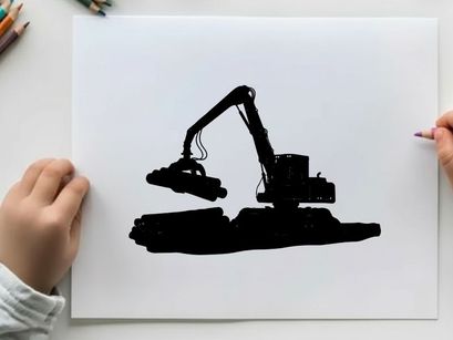 Silhouette of a large excavator machine in a black industrial setting
