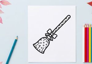 Ikon sapu sihir Halloween. Ilustrasi sapu sihir lucu dengan pola titik polka.