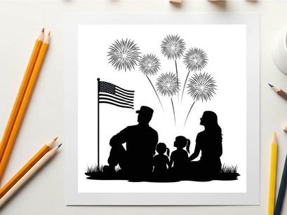 Family watching fireworks display on 4th of july in silhouette