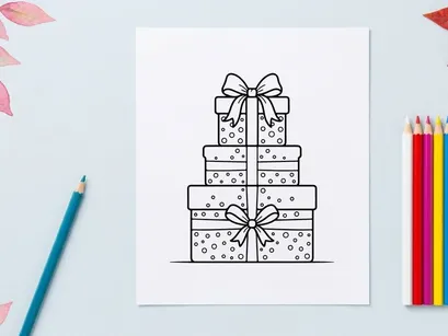 Stack of Christmas gift boxes with bows line art illustration for holiday coloring page
