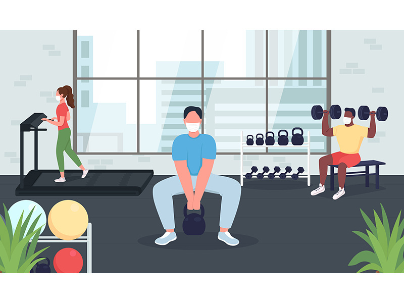 Gym during quarantine flat color vector illustration