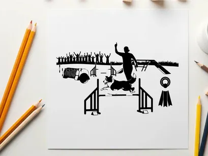 Silhouette of dog and handler at agility competition event