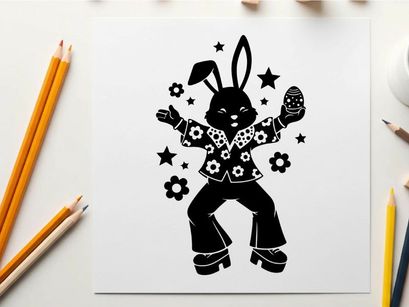 Silhouette of a funky dancing rabbit in flowers and stars