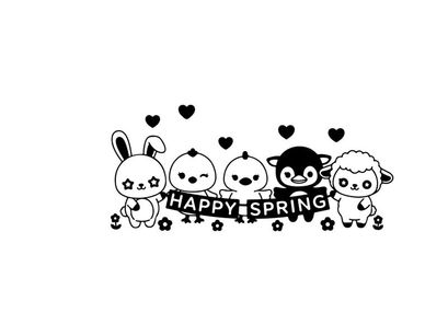 Kawaii cartoon characters celebrate happy spring in silhouette