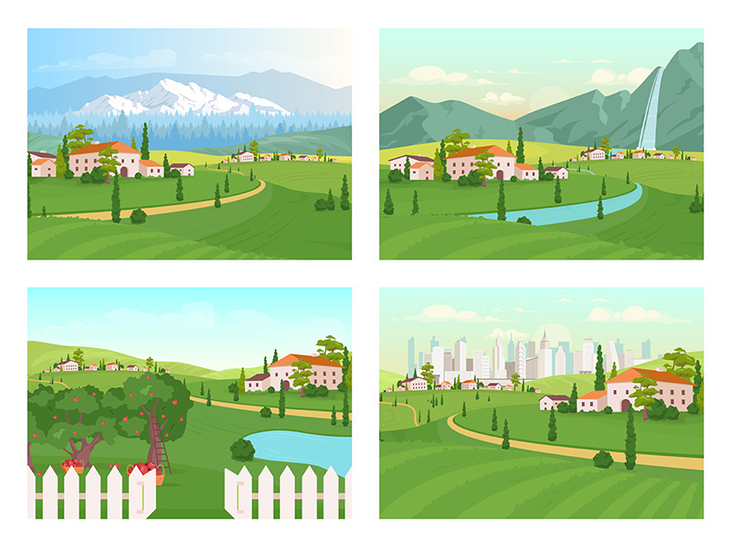 Tuscany scenery flat color vector illustration set