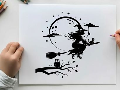 Witch silhouette flying on broomstick under full moon silhouette