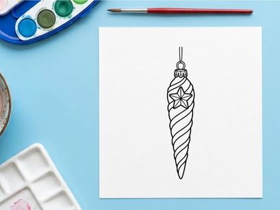 Christmas tree ornament icicle decoration with star icon, black and white line art drawing.