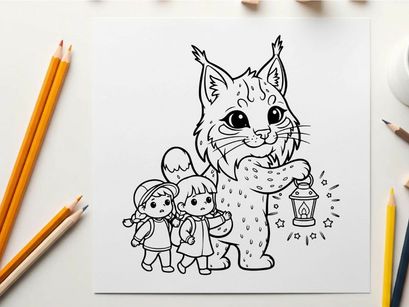 Cute lynx with kids holding lantern vector illustration
