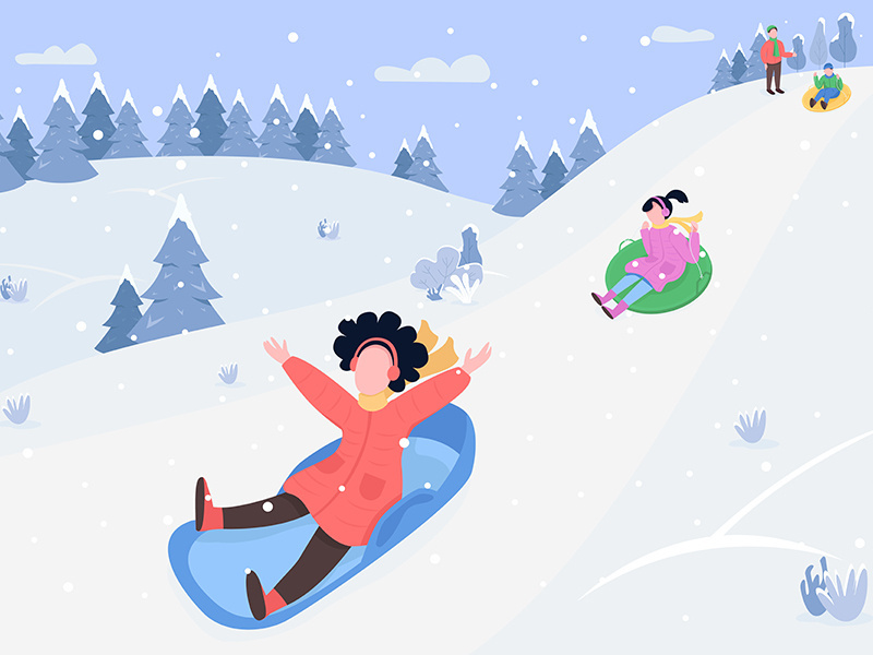 Children on sleds semi flat vector illustration