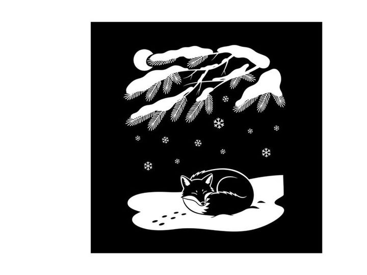 A cat sleeping in snow under pine tree silhouette