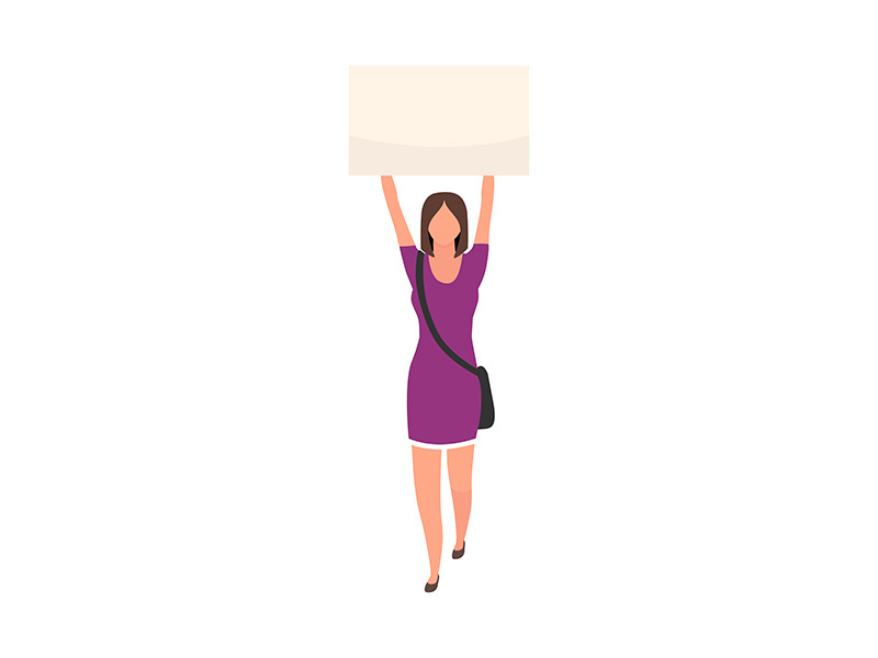 Young woman holding poster above head semi flat color vector character