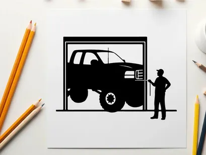 Silhouette of a man standing next to a large truck in a garage silhouette