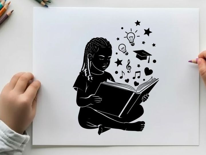 Silhouette of a girl reading with creative thoughts silhouette