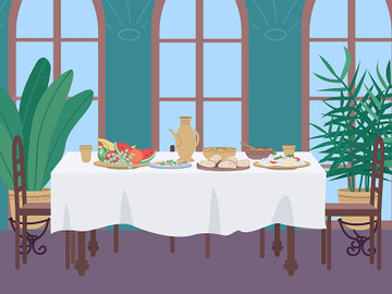 Indian dinner at home flat color vector illustration preview picture