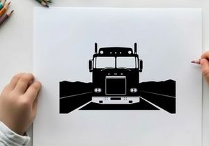 A silhouette of a semi truck driving down a highway at night