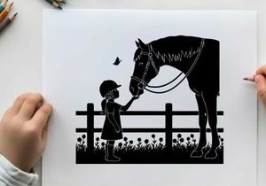 Silhouette of a child and horse by a fence