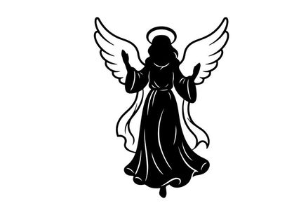 Black silhouette of a Christmas angel with wings and halo isolated on white background