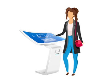 Woman near electronic signage panel flat color vector faceless character preview picture