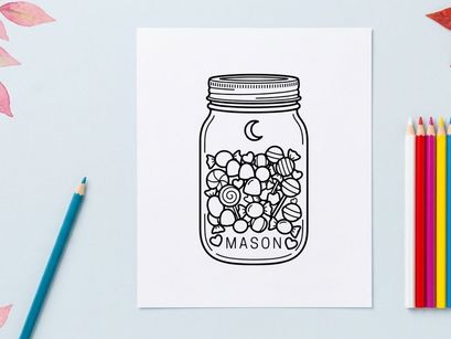 Handgezeichneter Einmachglas gefüllt mit bunten Marshmallows. Verspielte Skizze von Süßigkeiten in einem Glasbehälter für Bastelarbeiten und Design.