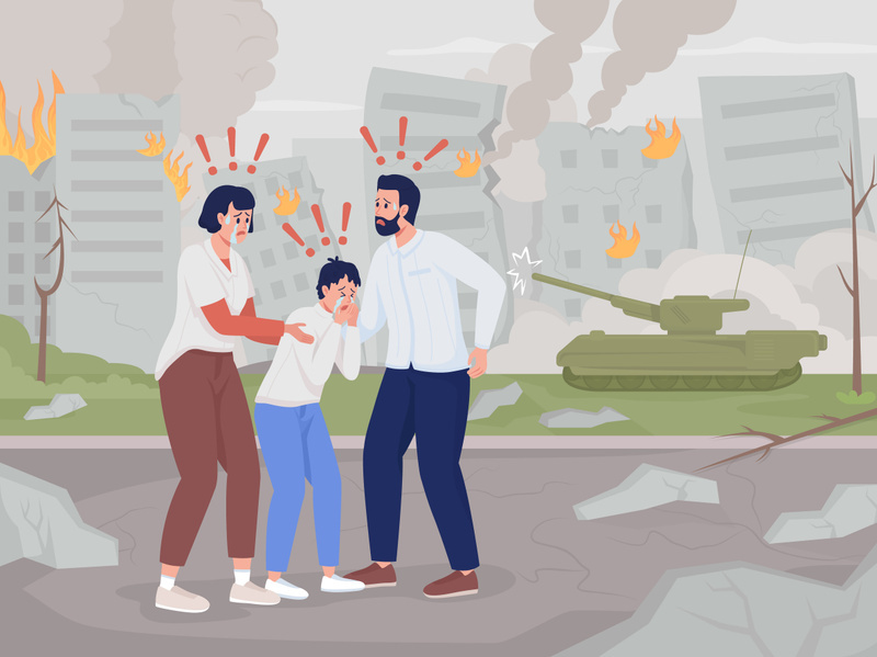 Terrified family in destroyed city vector illustration