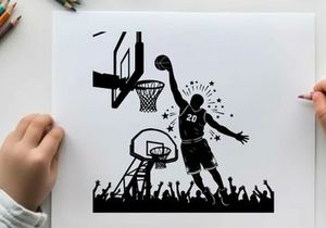 Silhouette of a basketball player dunking ball with crowd