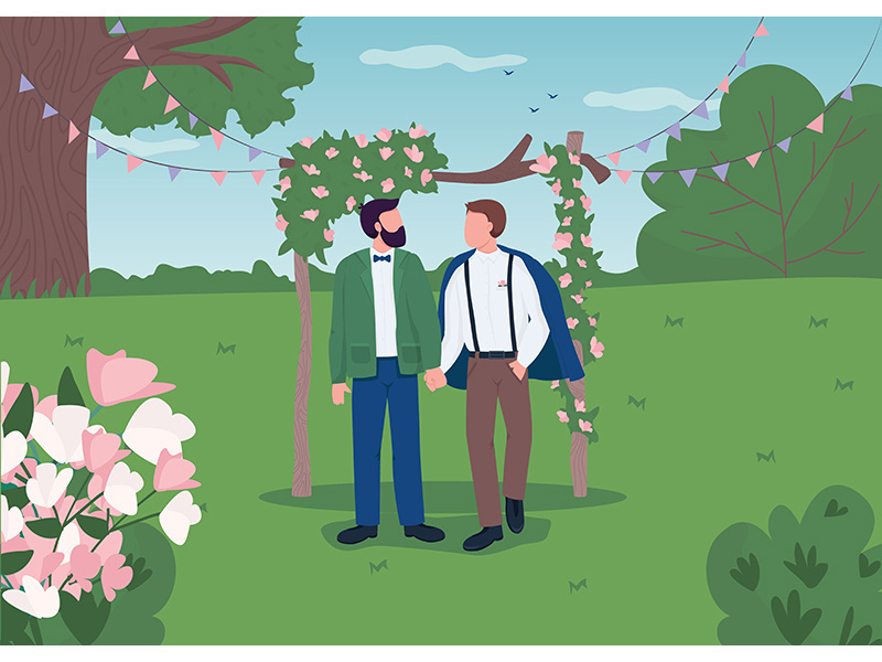 Happy gay couple on wedding day flat color vector illustration