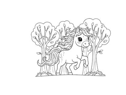 Cute unicorn in magical forest vector illustration