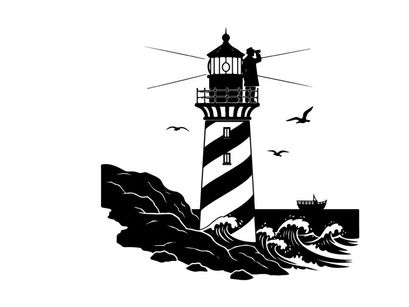 Silhouette of a lighthouse standing tall against crashing waves and seagulls silhouette