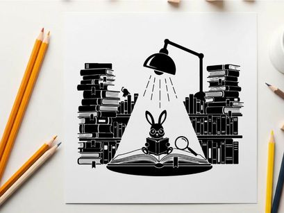 Rabbit silhouette studying under a desk lamp at night