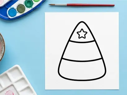Candy corn icon with a star. Simple Halloween treat line art illustration.