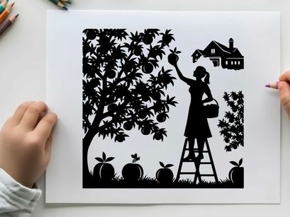 Silhouette of a woman picking apples from a tree in an orchard