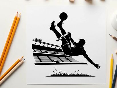 Soccer player silhouette kicking ball in mid air motion